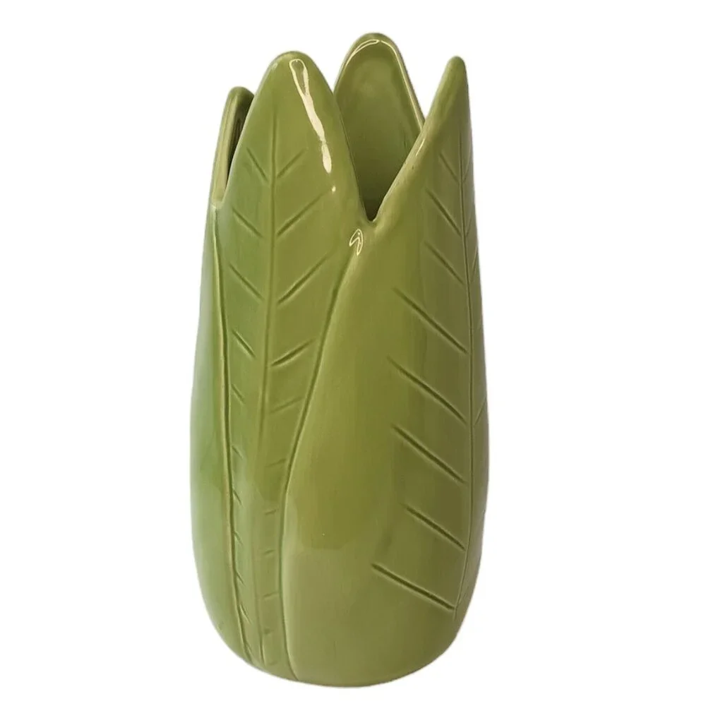 Pottery Barn Green Banana Leaf Vase Tropical Jungle 9